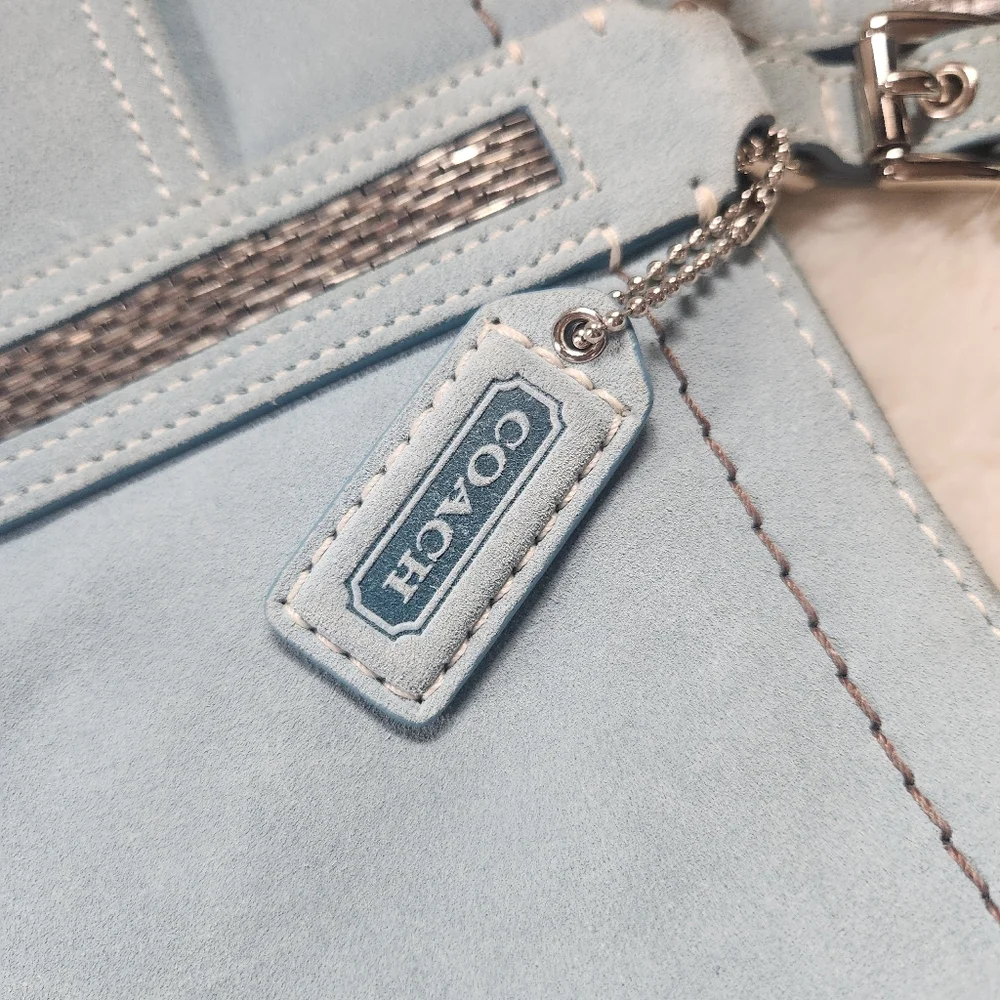 Vintage Coach Powder Blue Gallery Tote Soft Split Suede Metallic Beaded Trim Y2K - Picture 5 of 16